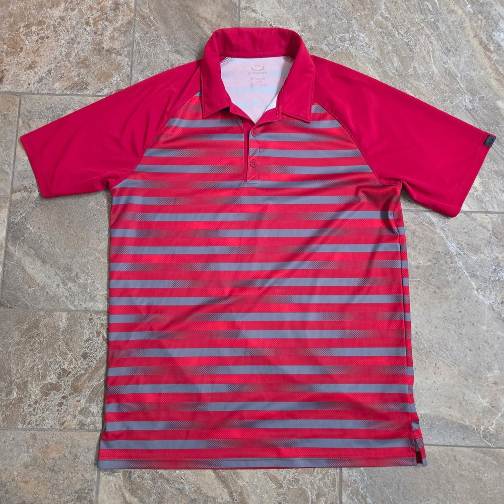 Oakley Men's Golf Polo Shirt Red Grey Stripe Hydroix Regular Fit M